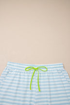 Pink Stripe Contrast Neck Loose Tee and Drawstring Shorts Set