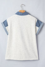 Light Grey Denim Color Block Patchwork Shirt Collar Short Sleeve Blouse