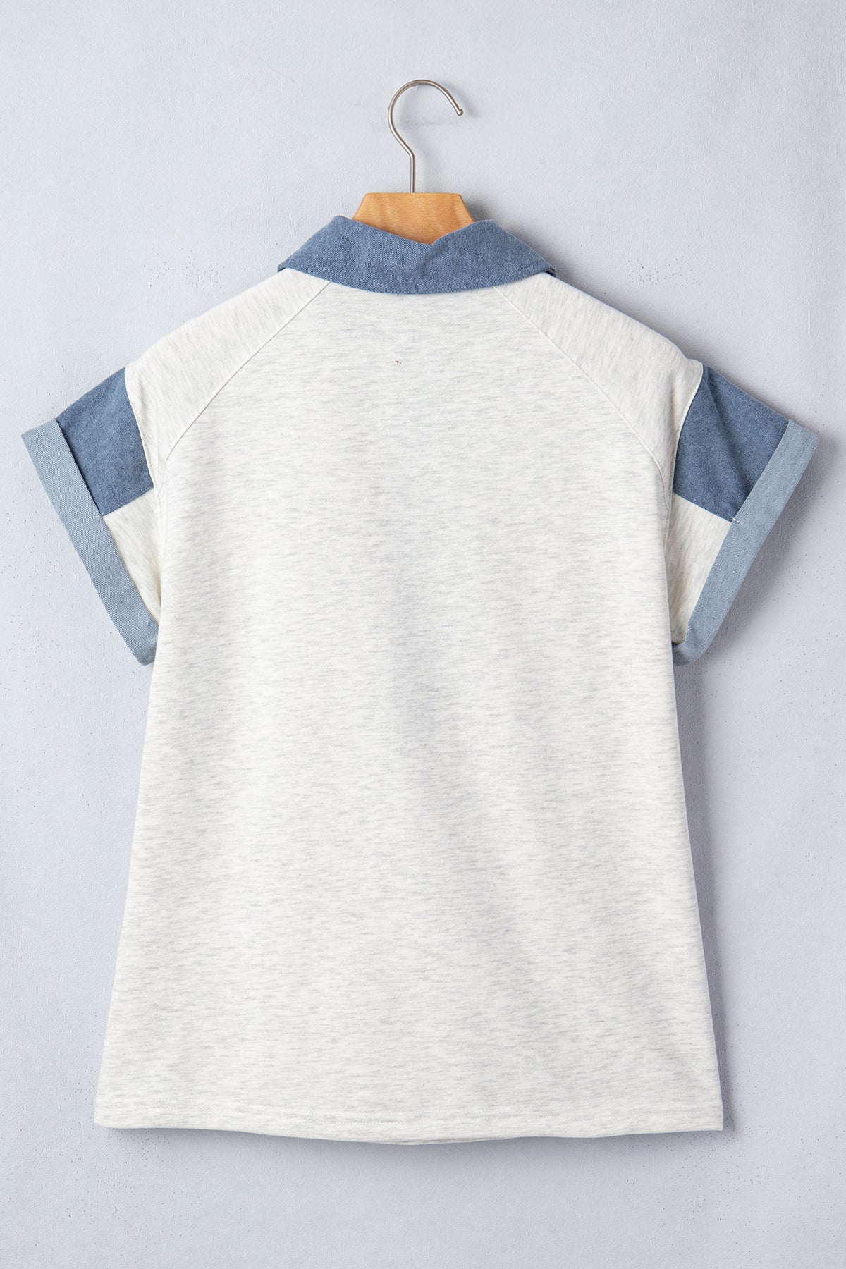 Light Grey Denim Color Block Patchwork Shirt Collar Short Sleeve Blouse