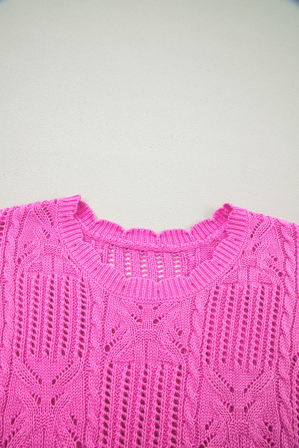 Beau Blue Pointelle Knit Patterned Scalloped Trim Short Sleeve Sweater
