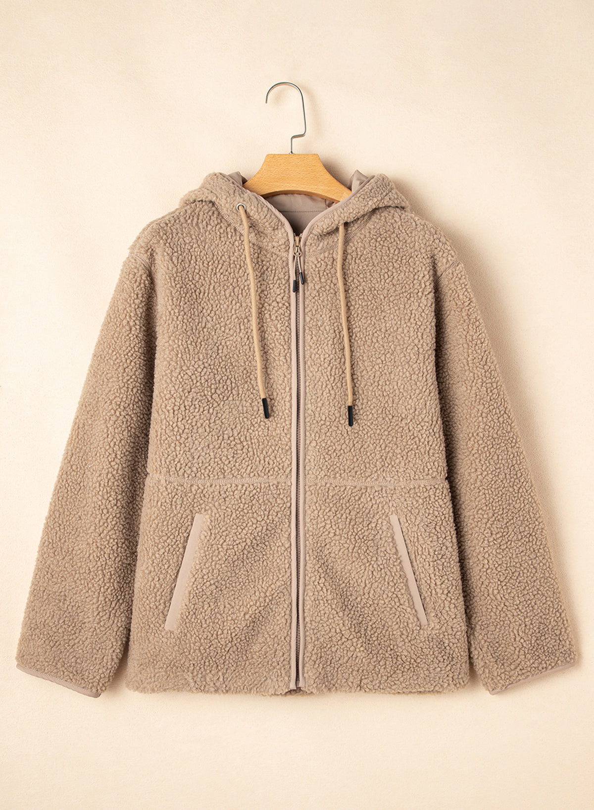 Beige Fleece Zip Up Drawstring Hooded Pocketed Jacket