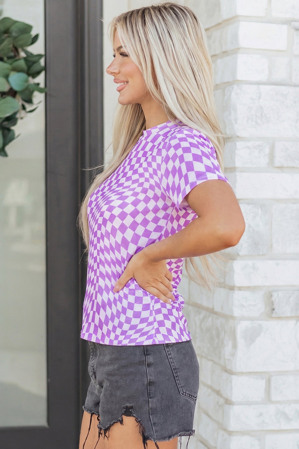 Khaki Checkered Print Crew Neck Mesh T Shirt