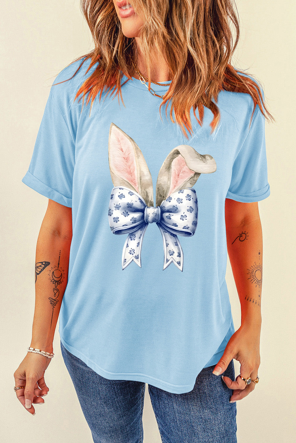 Light Blue Easter Bunny Ears Coquette Bow Graphic Tee
