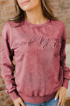 High-rise saved by grace Letter Embroidery Mineral Wash Loose Sweatshirt