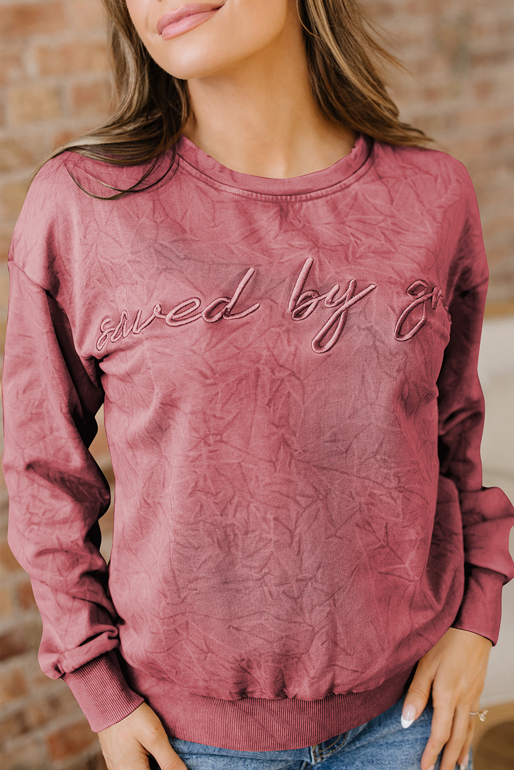 High-rise saved by grace Letter Embroidery Mineral Wash Loose Sweatshirt