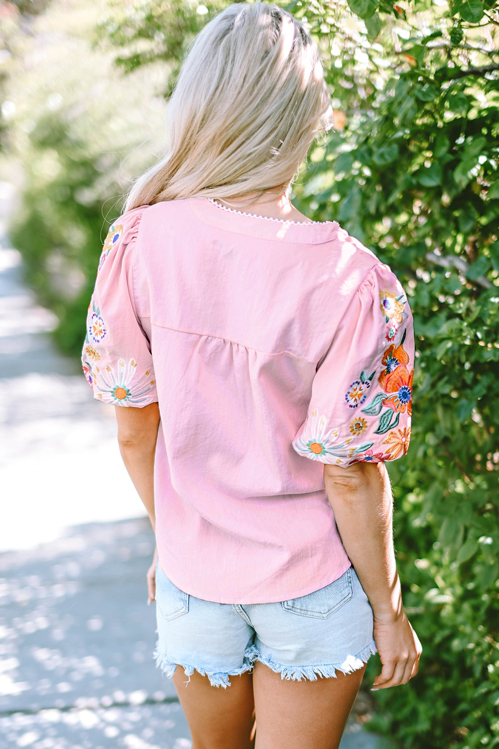 Clearly Aqua Floral Embroidered Puff Sleeve Split Neck Blouse