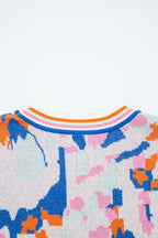 Apricot Abstract Pattern Knit Contrast Striped Trim Short Sleeve Sweater