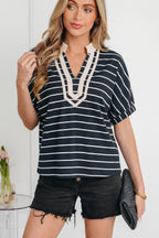 Blue Stripe Stand Collar V Neck Elastic Cuffs Half Sleeve Dolman Top
