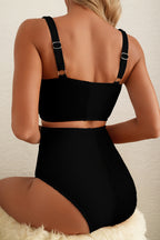 Pink Corded Colorblock Square Neck Bikini Swimsuit