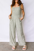 Green Smocked Bodice Square Neck Sleeveless Floral Jumpsuit