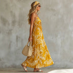 Summer New Vacation Style Printed V-Neck Strap Long Dress for Women Beach Dress