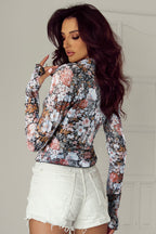 Brown Floral Long Sleeve High Neck Sheath Mesh Blouse