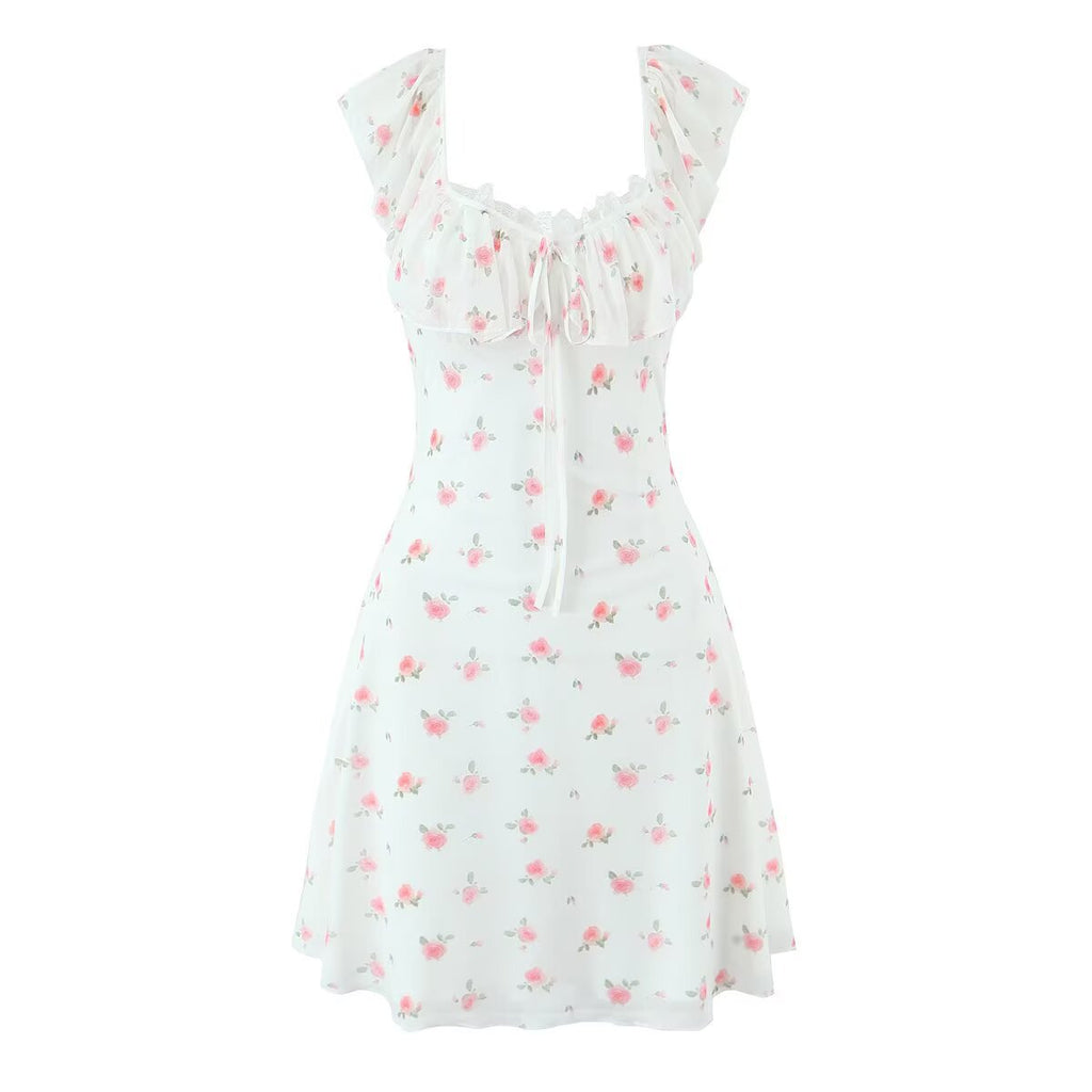 Style Lace Tie-Back Ruffle Waist Printed Dress