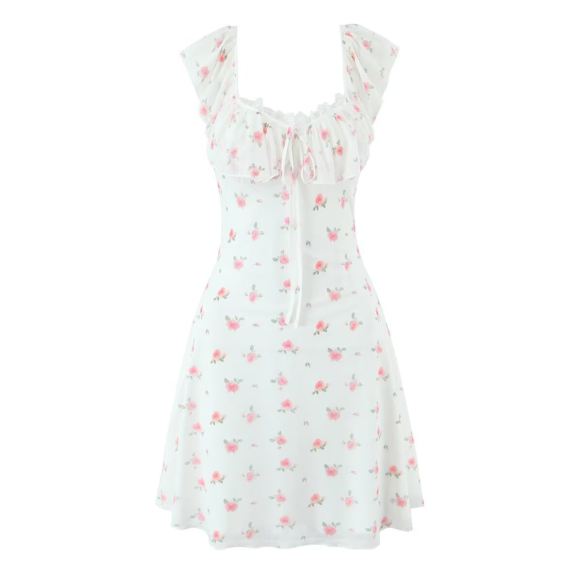 Style Lace Tie-Back Ruffle Waist Printed Dress
