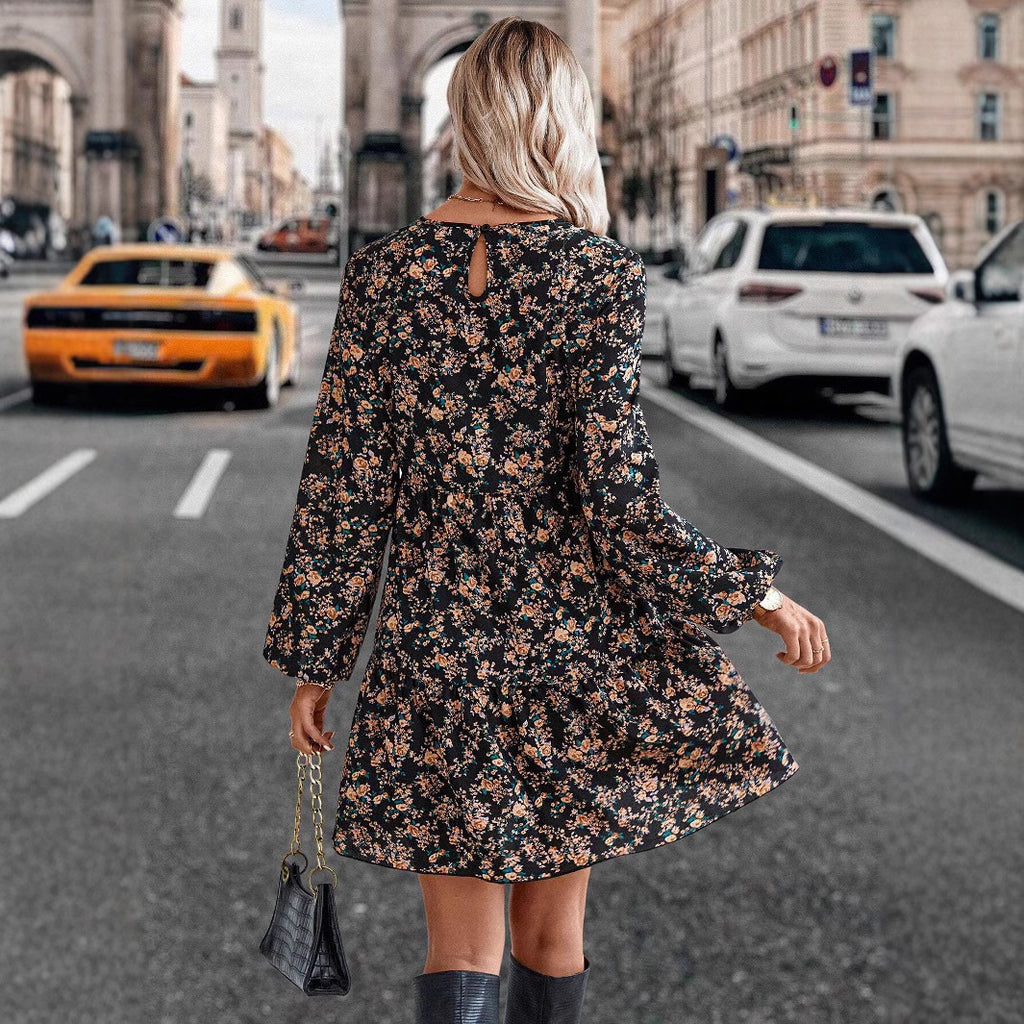 Fashionable Printed Long Sleeve Dress with One Button Loose Fit Autumn Style