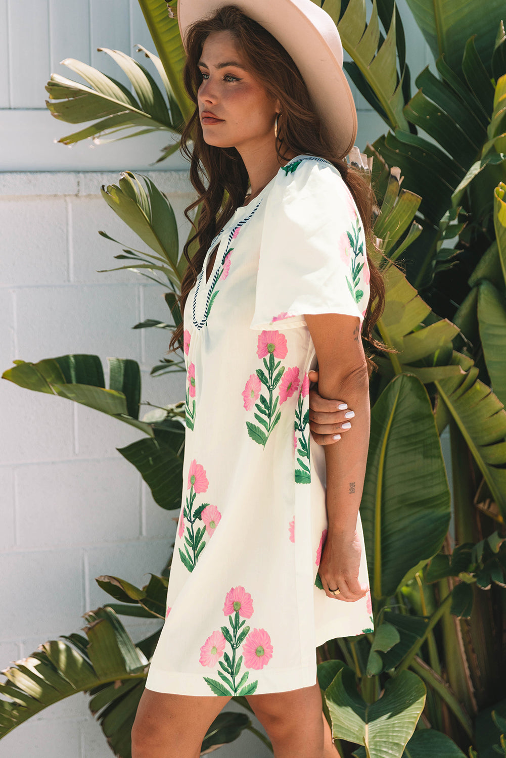 Blue Floral Short Sleeve Split Neck Loose Mini Dress