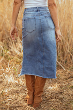 Dark Grey Irregular Distressed Bottom Denim Midi Skirt