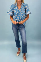 Blue Floral Print Button Tie Neck Striped Detail Short Sleeve Blouse