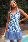 Sky Blue Floral Print U Neck Sleeveless Striped Ruffle Hem Patchwork Dress