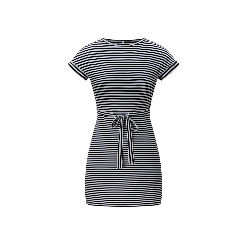 Round neck short sleeved waist tied striped dress for women