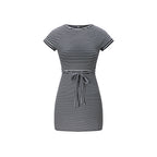 Round neck short sleeved waist tied striped dress for women