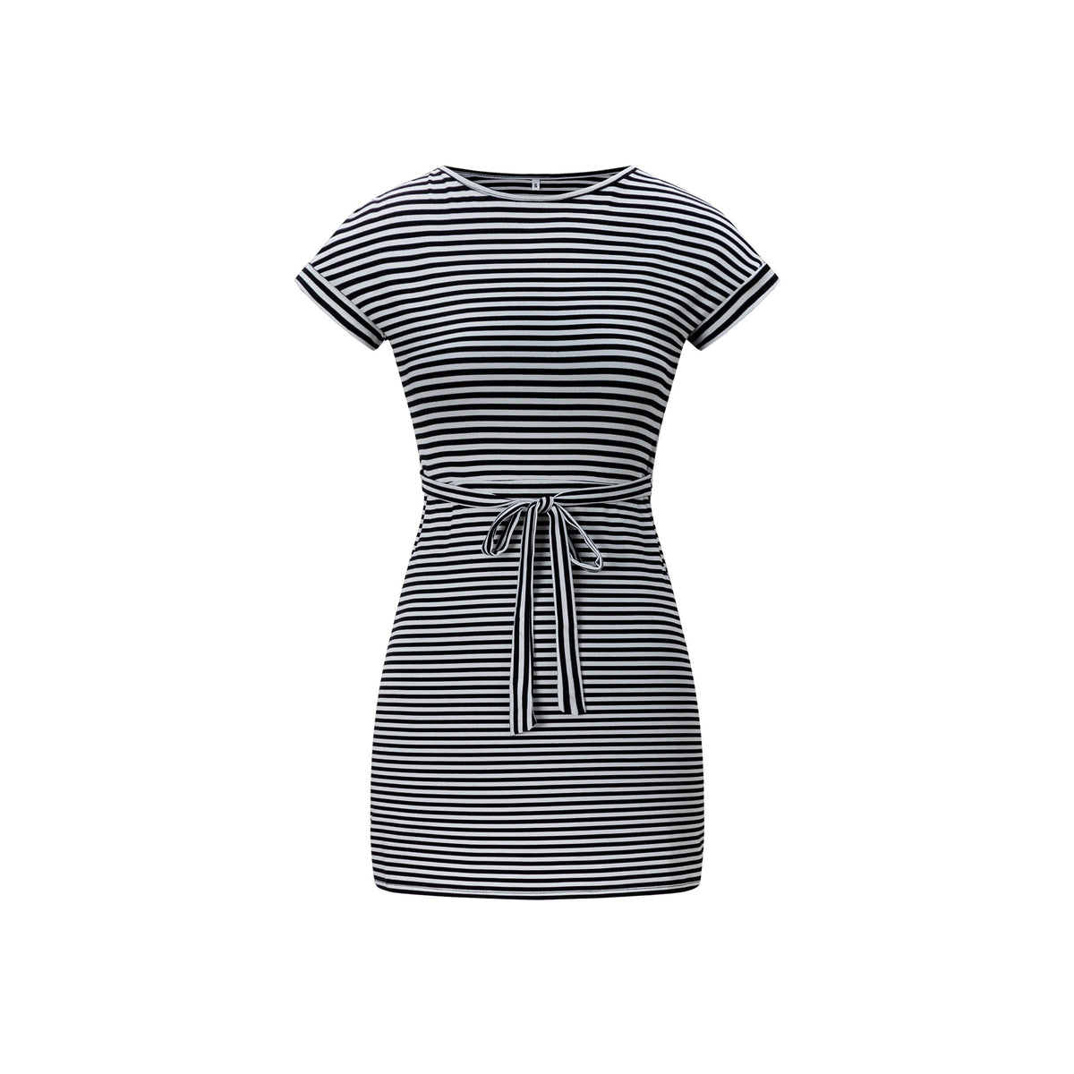 Round neck short sleeved waist tied striped dress for women