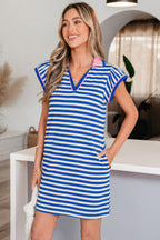 Sachet Pink Stripe Print Contrast Collar Split Neck Flutter Sleeve Short Dress