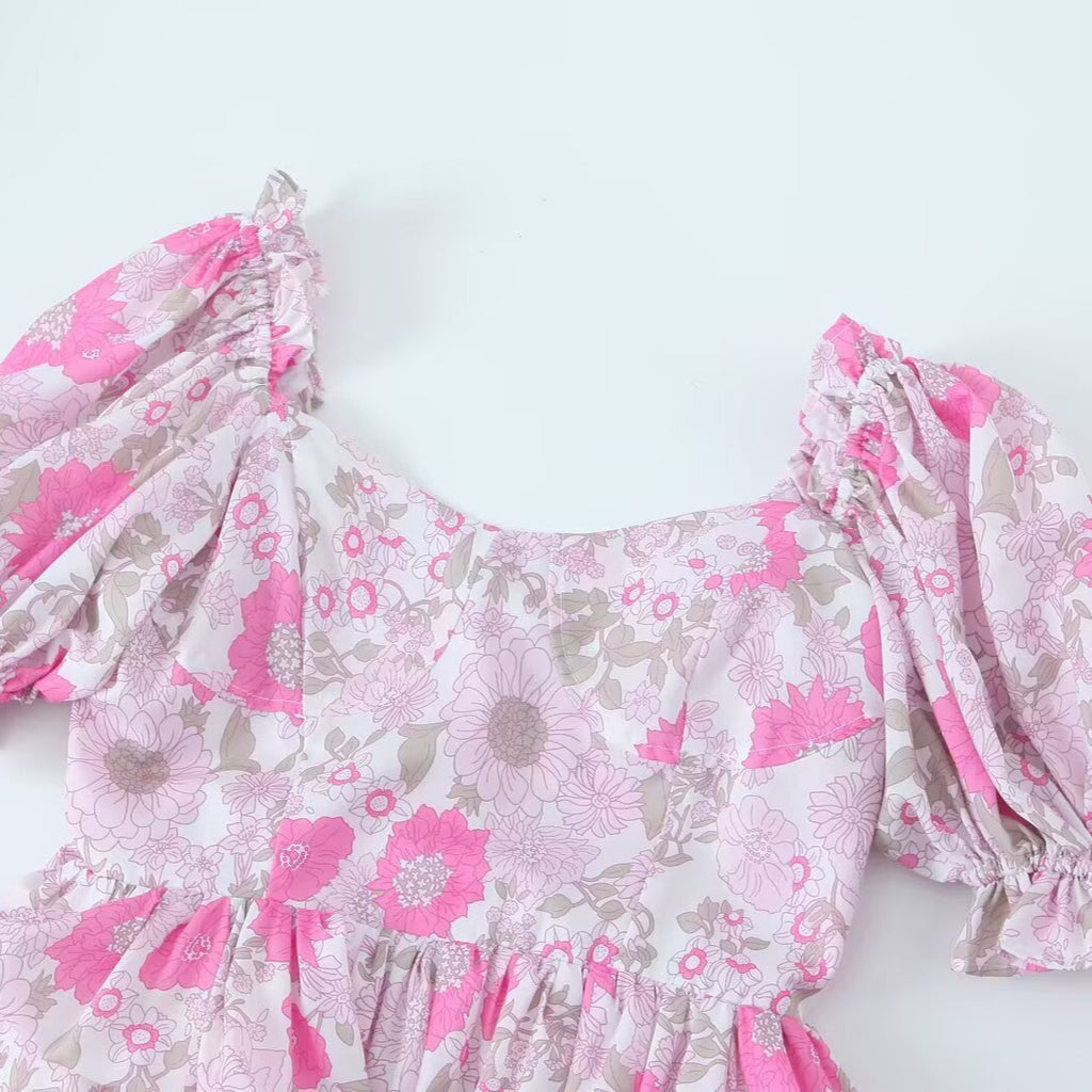 Style Women's Dress with Bubble Sleeves, Pink Floral Print, Fitted Waist Design