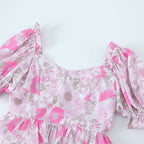 Style Women's Dress with Bubble Sleeves, Pink Floral Print, Fitted Waist Design