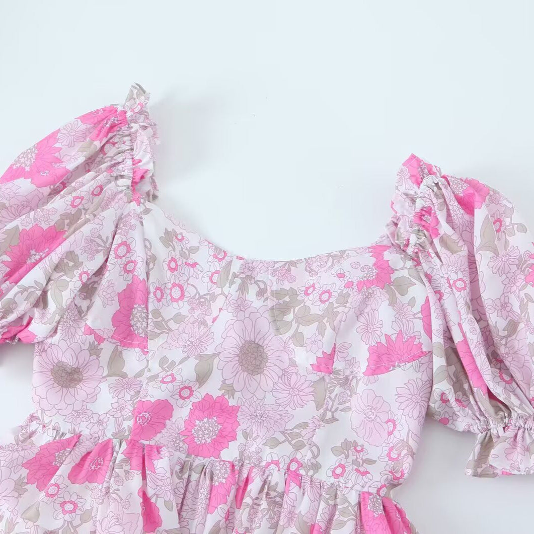 Style Women's Dress with Bubble Sleeves, Pink Floral Print, Fitted Waist Design