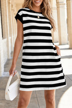 Khaki Stripe Cap Sleeve Shift T Shirt Dress