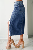 Dark Grey Irregular Distressed Bottom Denim Midi Skirt