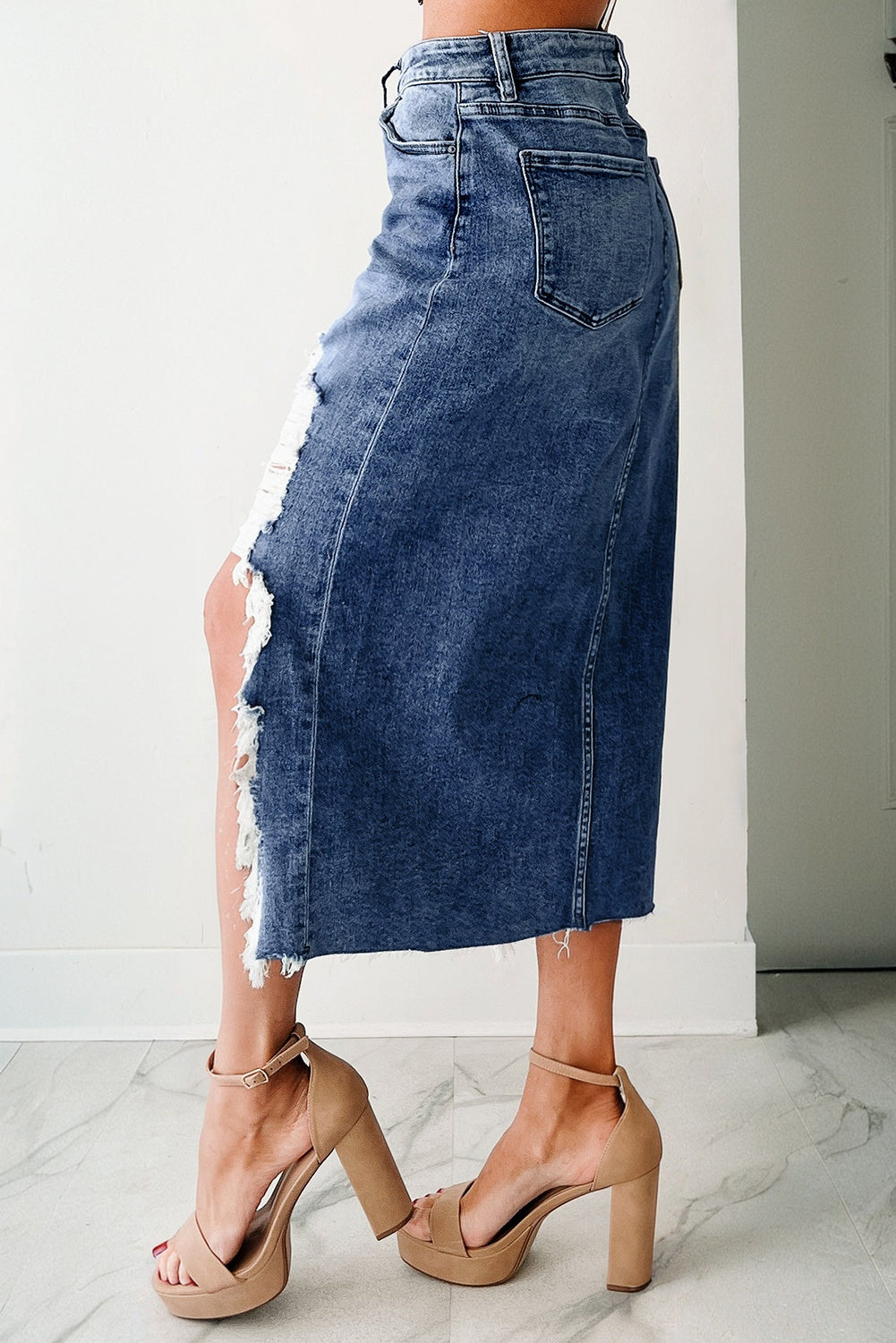 Dark Grey Irregular Distressed Bottom Denim Midi Skirt
