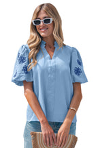 Beau Blue Flower Embroidered Puff Sleeve Split Neck Textured Blouse