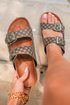 Coffee Geometric Print Cut Out Buckle PU Leather Flat Slippers