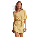 Solid Color Off-Shoulder Belted A-Line Dress for Women Casual Beach Vacation Dress Spring Summer