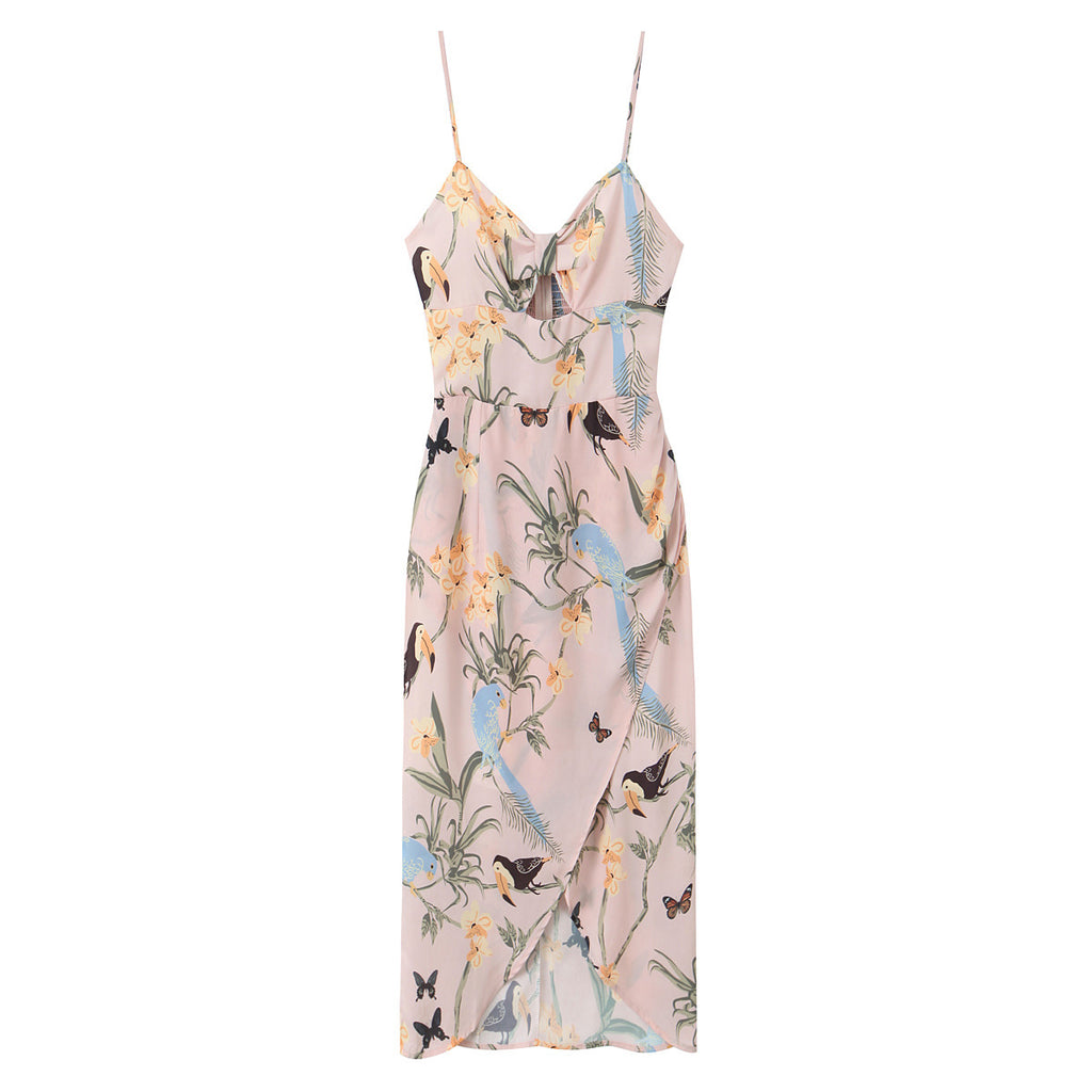 Floral print split suspender dress, long skirt