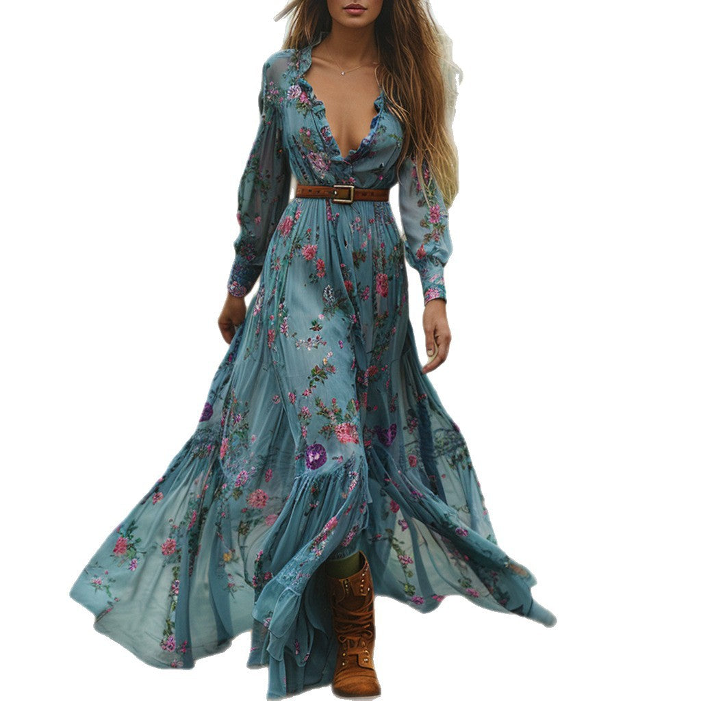 Style Autumn Vintage Floral V-Neck Long Sleeve Long Dress Country Cottage Vintage Dress