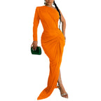 Fashion Women's Solid Color Asymmetrical Neck Single Long Sleeve Long Dress with Pleats