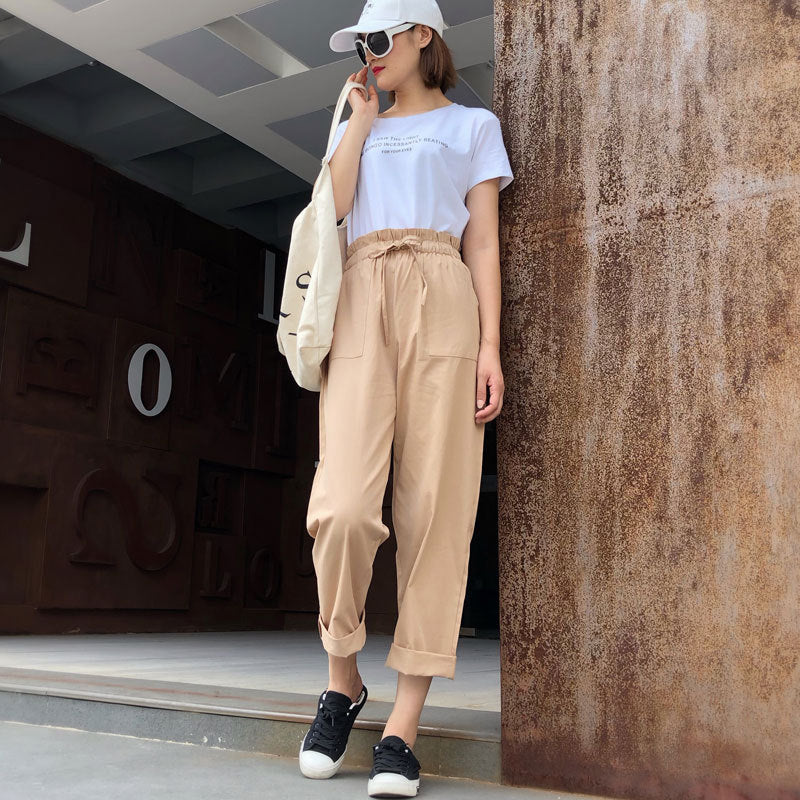 Casual Pants Women Student New Harem Pants With Belt Loose BF Style High Waist Wide Leg Long Pants Female