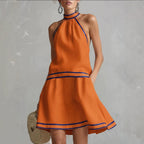 Choker Neck Fashion Short Dress with Striped Trim, Comfortable Sleeveless Fitted Dress