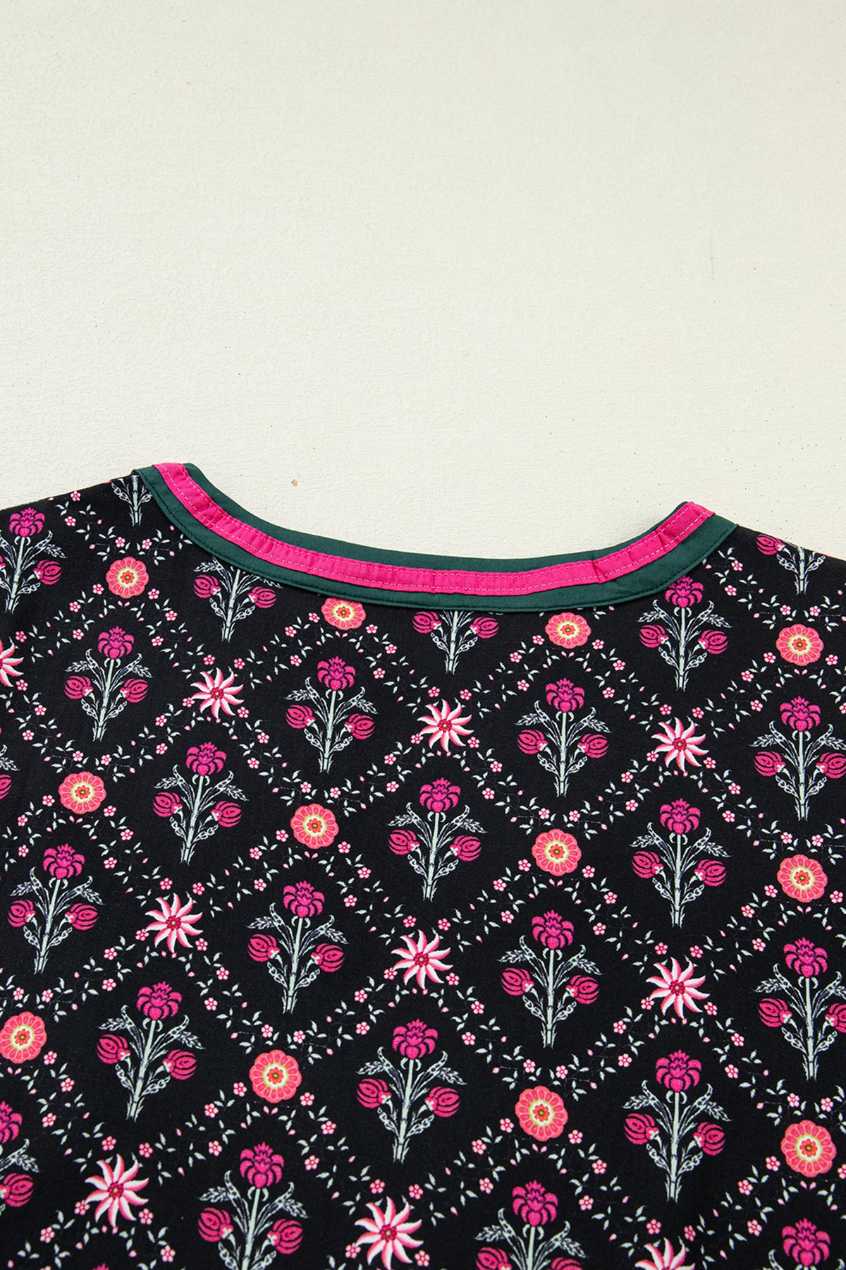 Black Contrast V Neckline Bracelet Sleeve Vintage Floral Blouse