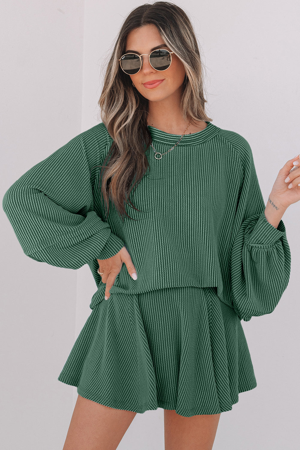 Jet Stream Corded Lantern Sleeve Top High Waist Ruffled Mini Skort Set