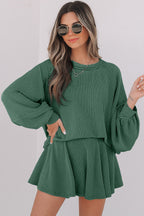 Jet Stream Corded Lantern Sleeve Top High Waist Ruffled Mini Skort Set