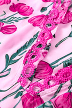 Pink Floral Lace Detail Frilled V Neck Summer Blouse