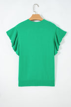Sachet Pink Solid Color Ribbed Trim Round Neck Ruffle Short Sleeve Sweater