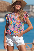 Pink Tropical Floral Print Frilly Notched Neck Ruffled Short Sleeve Blouse