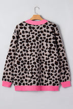 Khaki Oversize Color Block Trim Button Down Leopard Print Cardigan