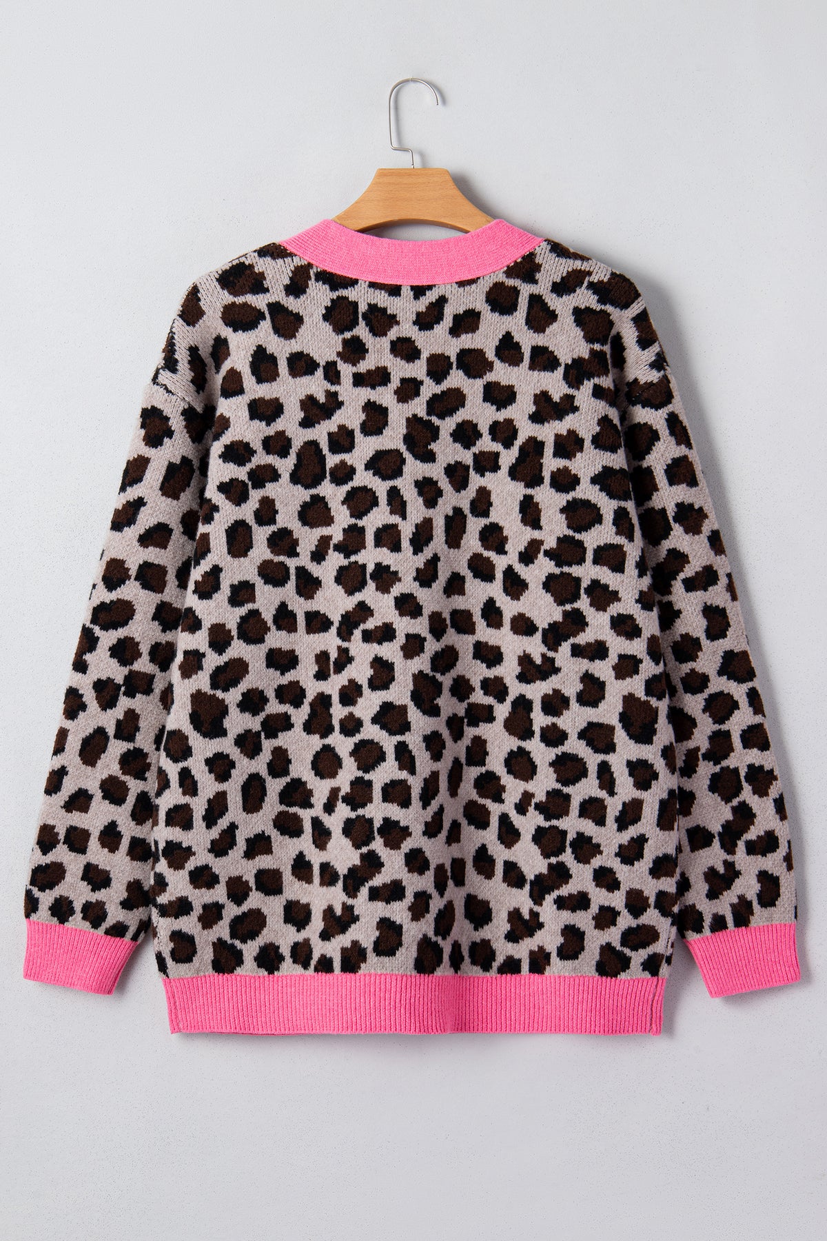 Khaki Oversize Color Block Trim Button Down Leopard Print Cardigan