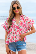 Pink Floral Boxy Fit Ruffled Short Sleeve V Neck Blouse